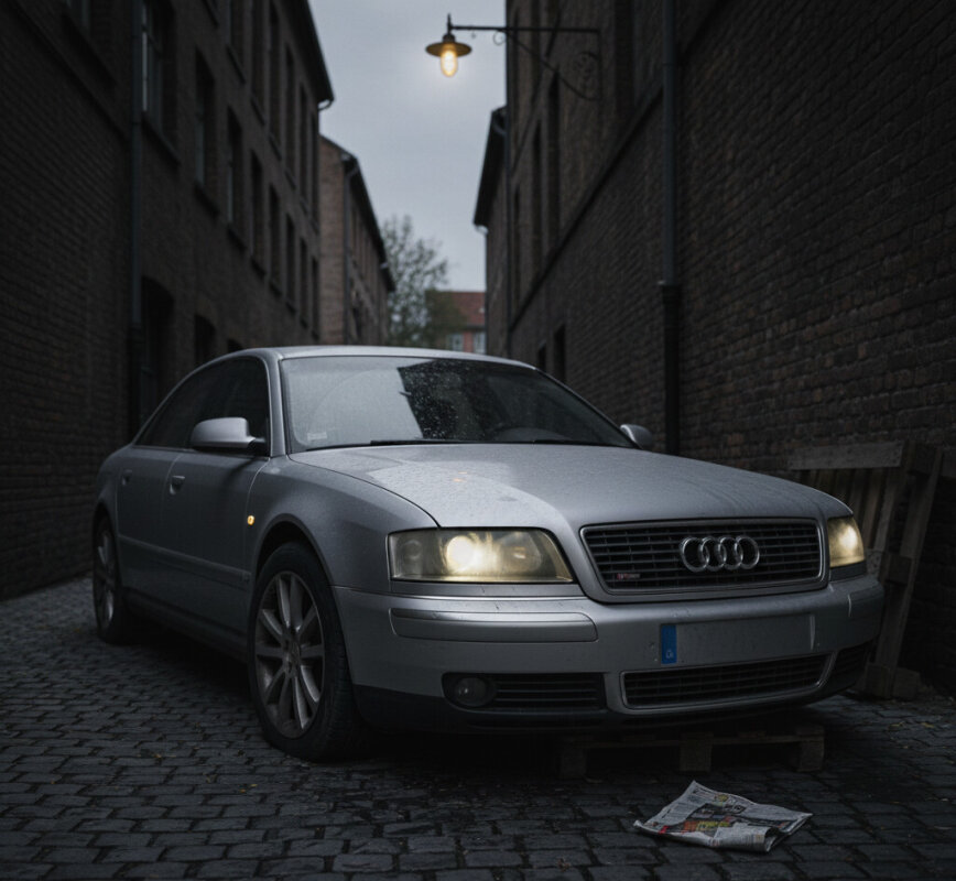 Stara luksusowa limuzyna zaparkowana w ciemnym zaułku.