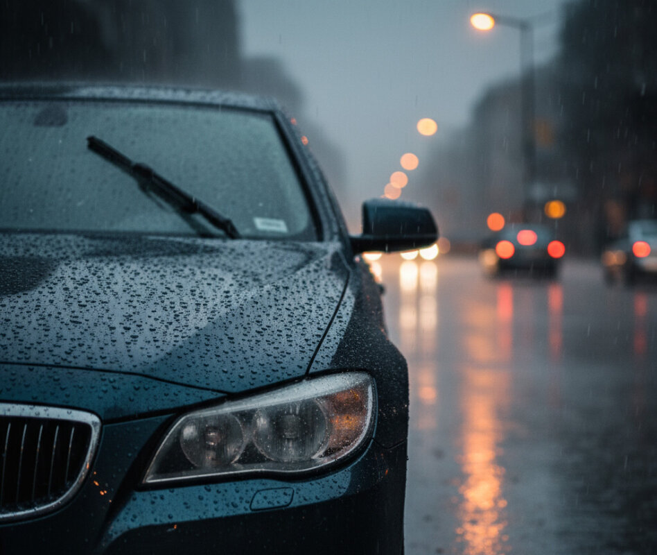 Mokry ciemny samochód z widocznymi kroplami deszczu zaparkowany wieczorem na ulicy.