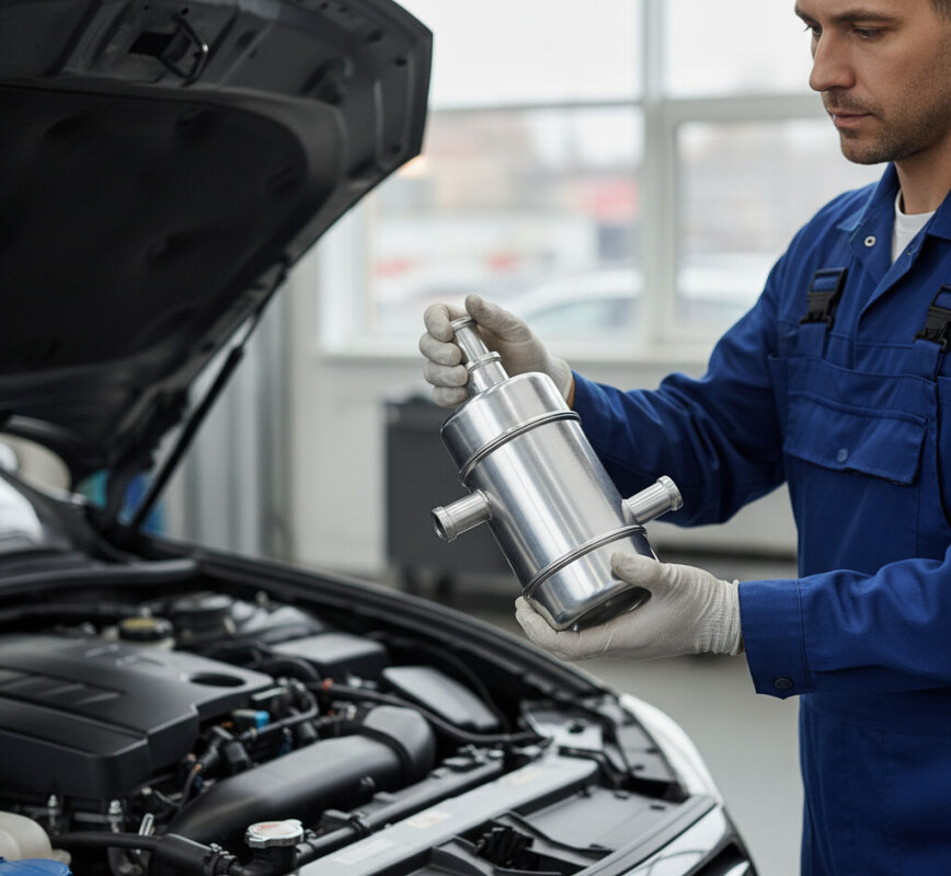 Nowy osuszacz klimatyzacji samochodowej w rękach mechanika