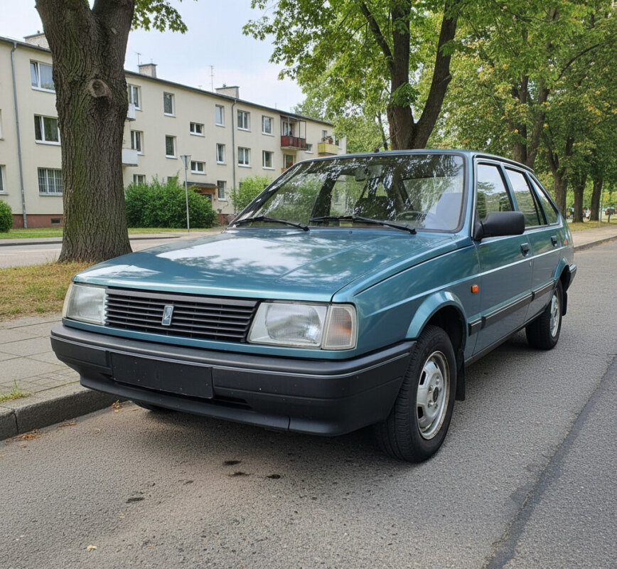 Klasyczny samochód FSO Polonez Caro zaparkowany na drodze asfaltowej.