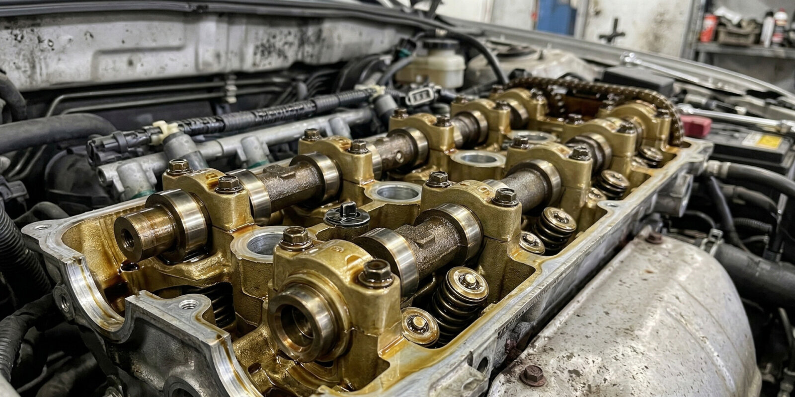 Odkryty mechanizm rozrządu z popychaczami hydraulicznymi.