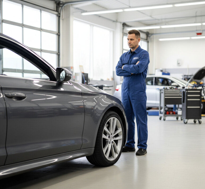 Mechanik sprawdzający stan techniczny samochodu w nowoczesnym serwisie.