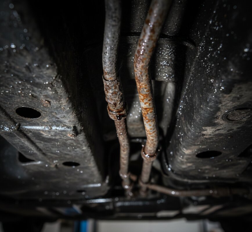 Skorodowane stalowe przewody hamulcowe pod podwoziem auta.