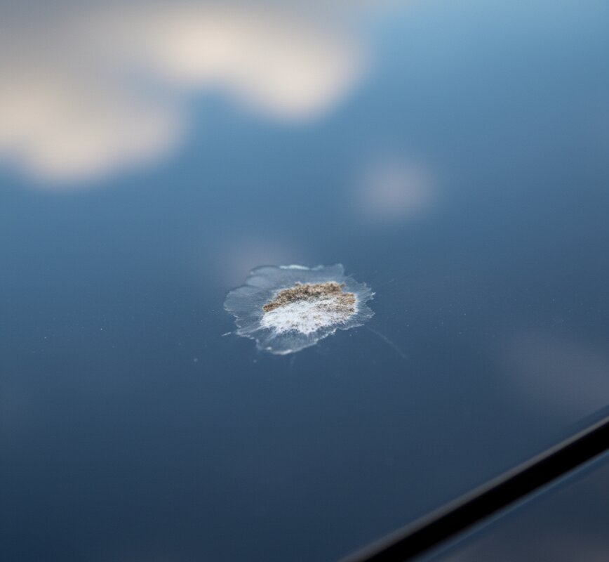 Ptasie odchody na błyszczącym lakierze maski samochodowej.