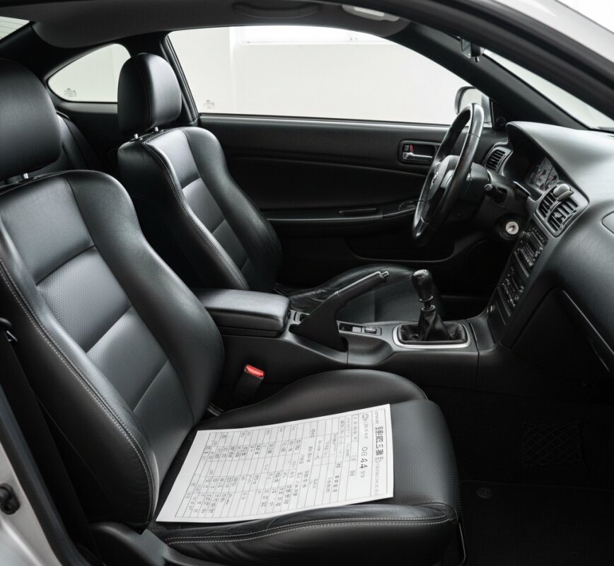 Wnętrze luksusowego samochodu z kierownicą po prawej stronie z aukcji w Japonii.