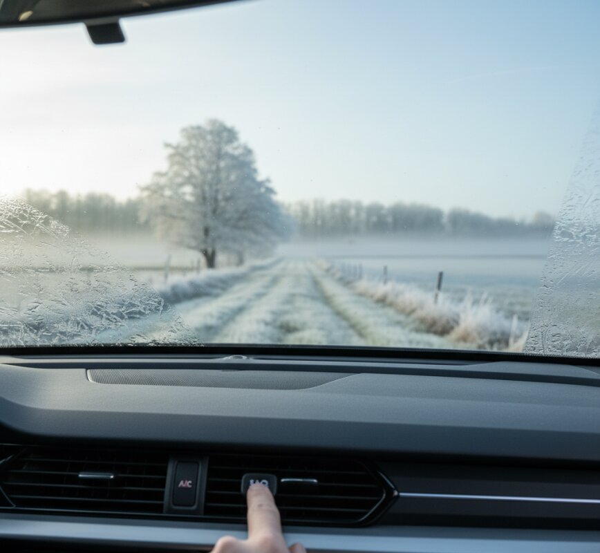 Panel klimatyzacji samochodowej z włączonym odszranianiem szyb zimą.