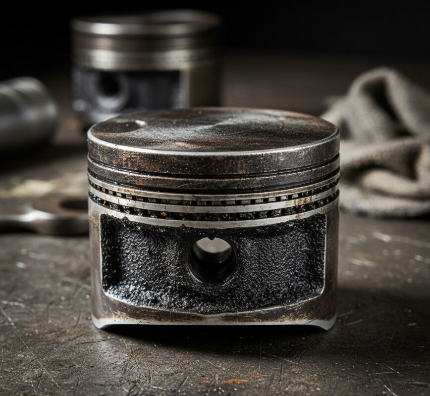 Nagar na pierścieniach tłokowych, zbliżenie.