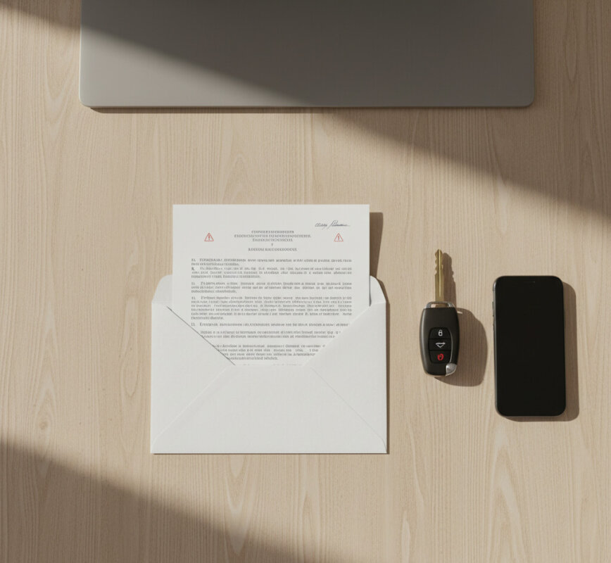 List z mandatem z zagranicy na biurku.