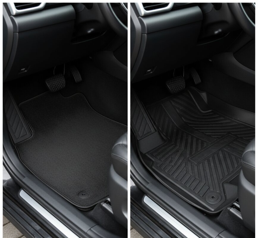 Porównanie gumowego i welurowego dywanika samochodowego.