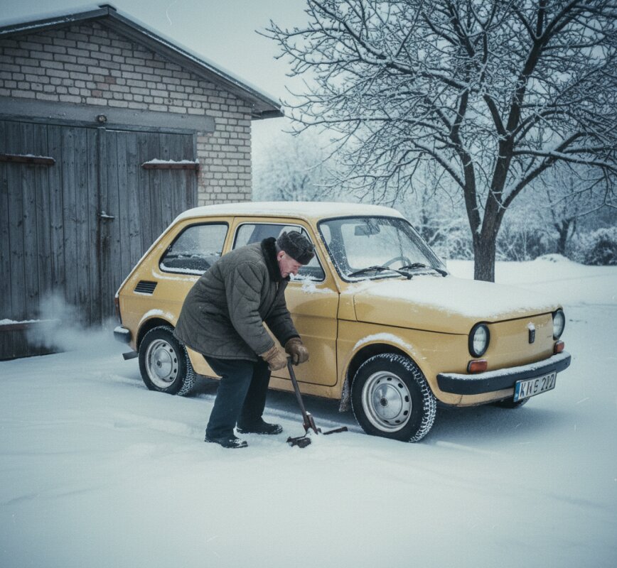 Starszy mężczyzna odśnieża żółtego Fiata 126p przed drewnianym garażem.