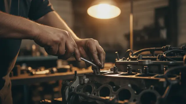 Mechanik naprawiający silnik samochodowy kluczem warsztatowym