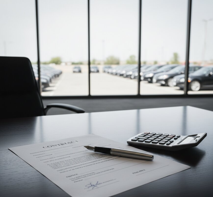 Dokumenty zakupu auta na firmę, kalkulator i kluczyki na biurku.