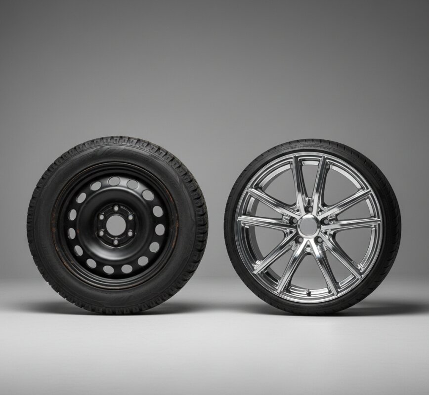 Porównanie czarnej felgi stalowej i srebrnej felgi aluminiowej.