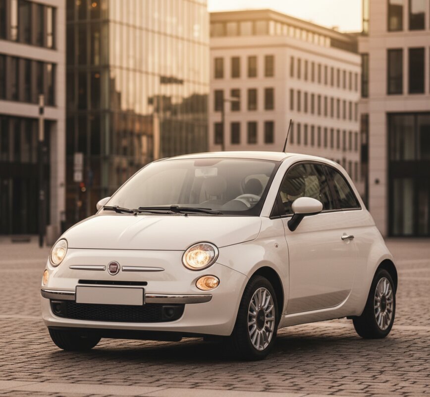 Klasyczny biały Fiat 500 jadący przez miasto.