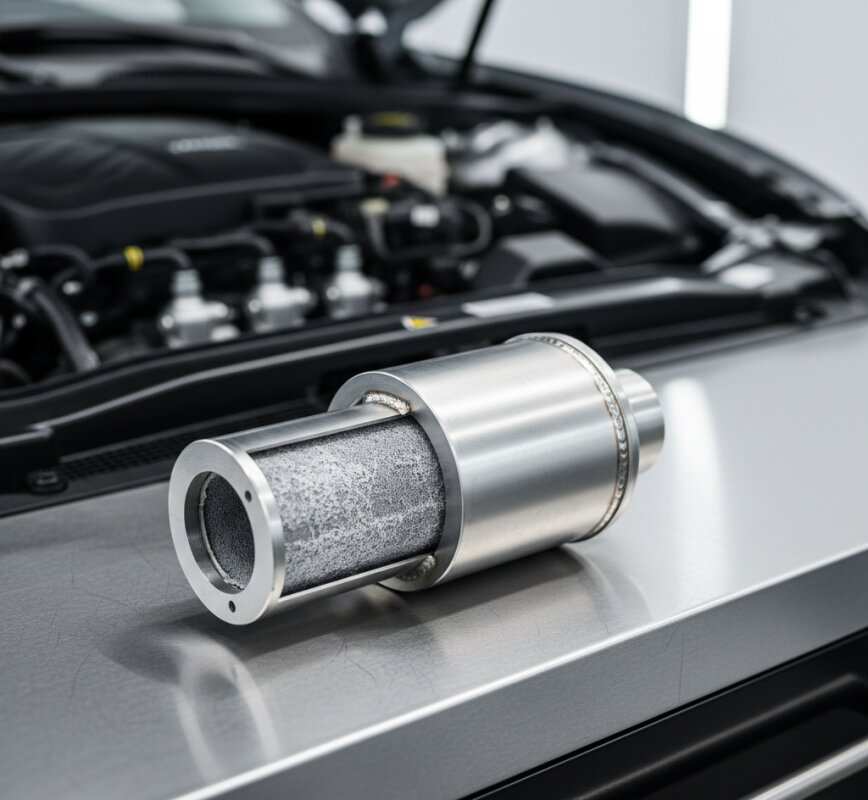 Przekrój filtra cząstek stałych GPF w silniku benzynowym.