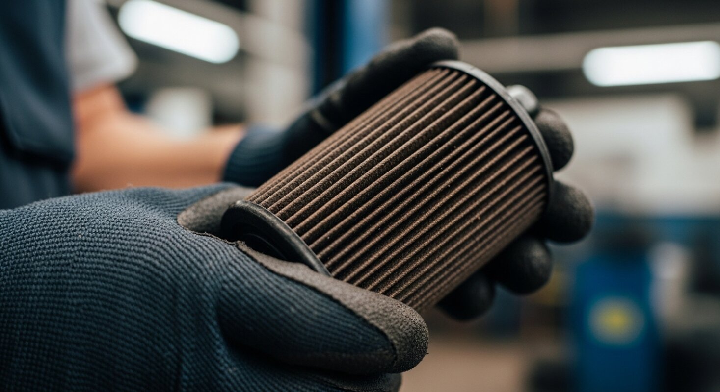 Dłoń w rękawicy trzyma zużyty (brudny) wkład filtra paliwa diesla.