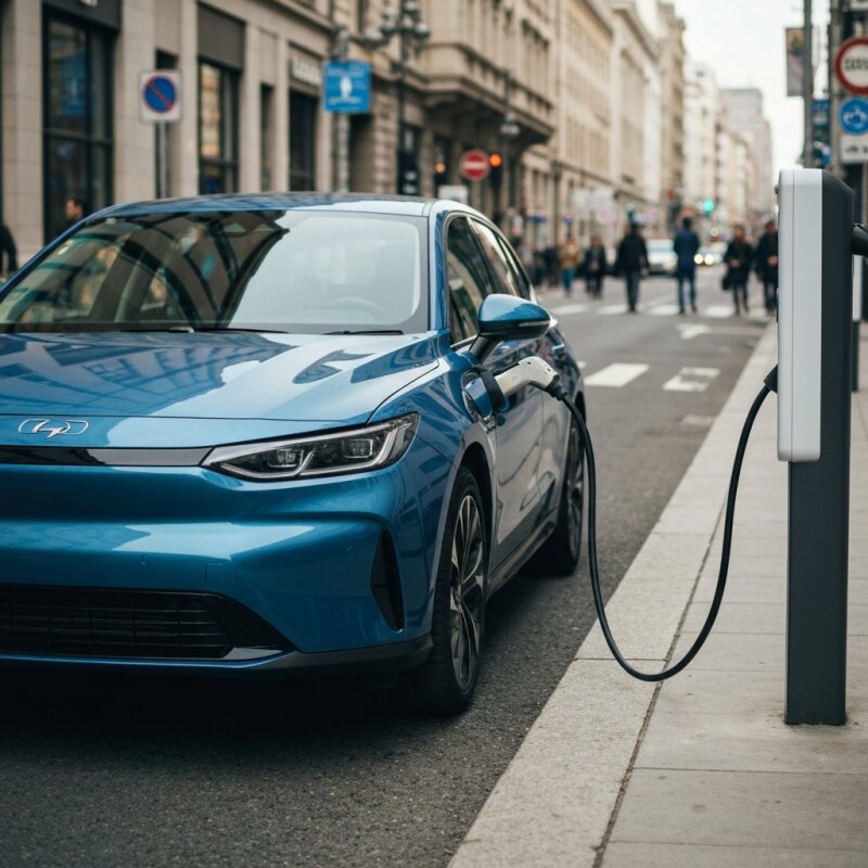 Ładowanie hybrydy plug-in (PHEV) przy miejskiej ładowarce.