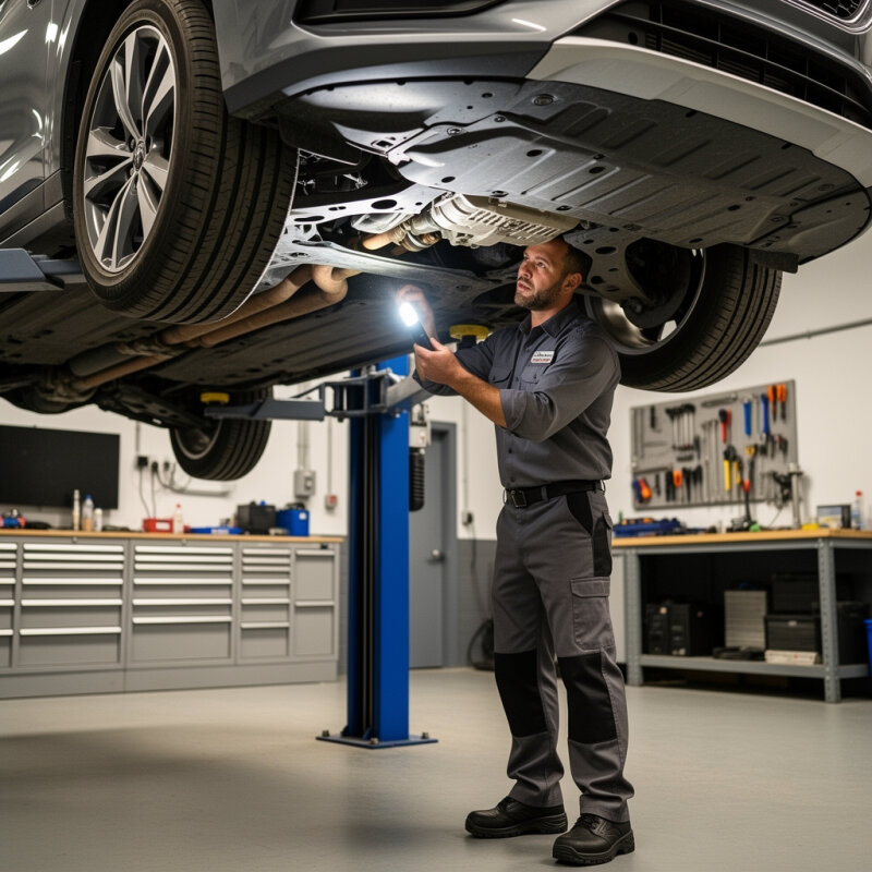 Mechanik sprawdzający podwozie samochodu na podnośniku