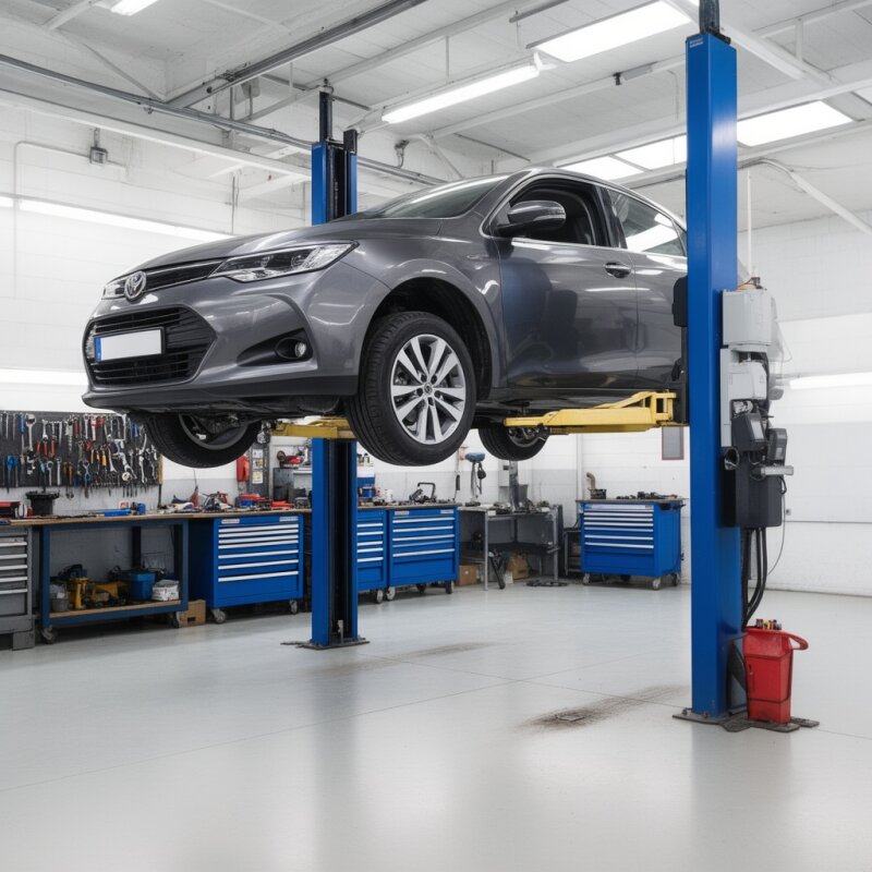 Samochód na podnośniku w warsztacie mechanicznym