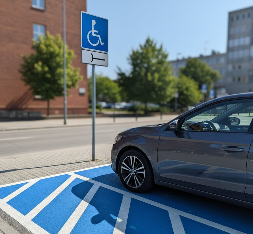 Niebieski znak miejsca parkingowego dla osób niepełnosprawnych na parkingu.