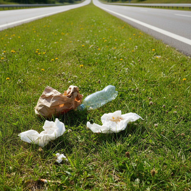 Czyste pobocze przy autostradzie na tle zielonego krajobrazu.