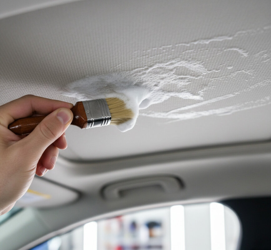 Czyszczenie podsufitki samochodowej za pomocą miękkiej szczotki.