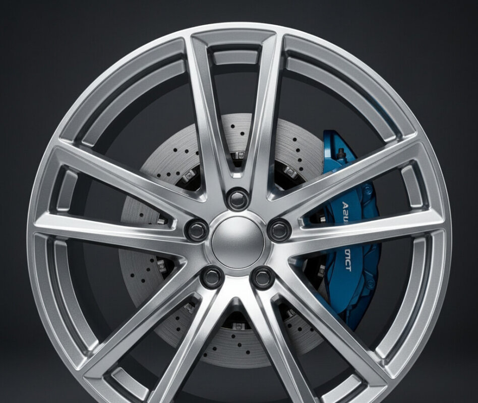 Czysta felga aluminiowa i zacisk hamulcowy po zamontowaniu klocków ceramicznych.