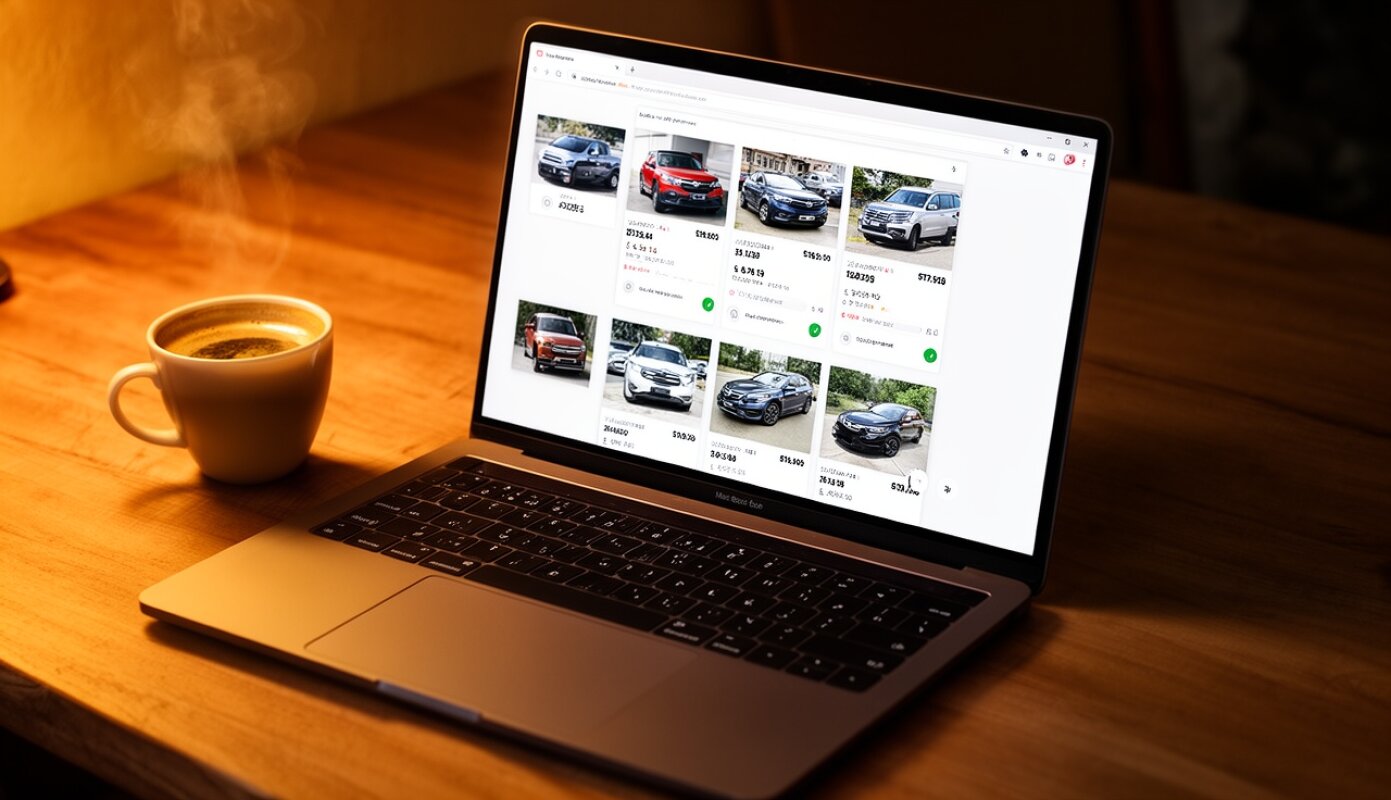 Przeglądanie ogłoszeń sprzedaży samochodów na laptopie
