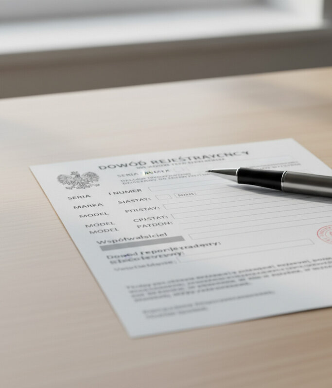 Dowód rejestracyjny pojazdu i długopis na biurku, formalności urzędowe.