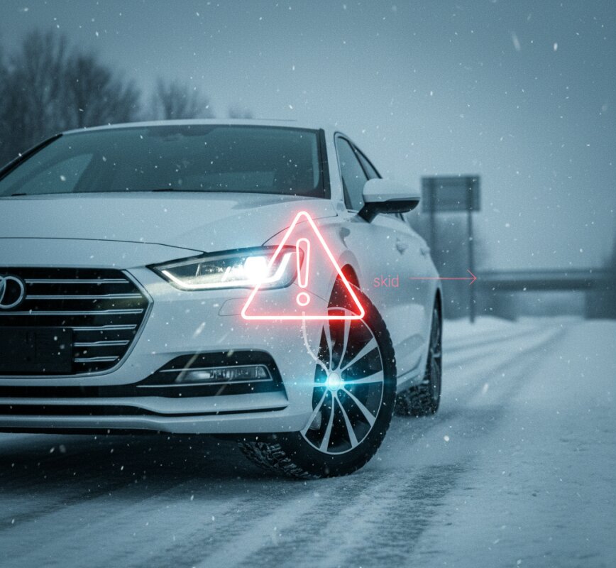 Samochód hamujący na ośnieżonej drodze, test ABS