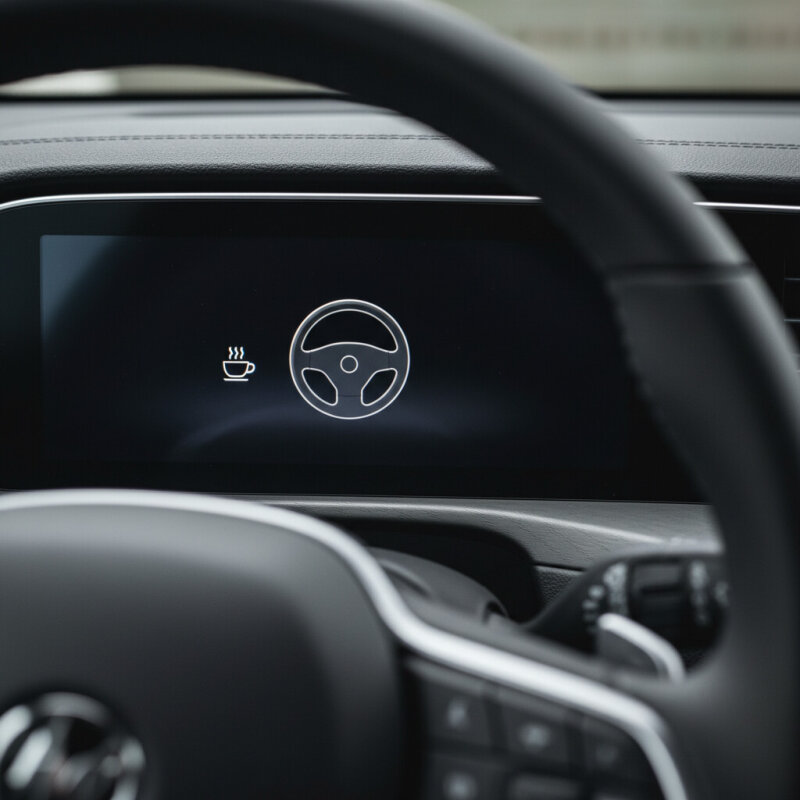 Ikona asystenta zmęczenia kierowcy z symbolem filiżanki kawy na desce rozdzielczej.