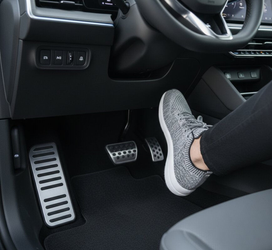 Stopa kierowcy zdejmująca nogę z pedału gazu w aucie elektrycznym.