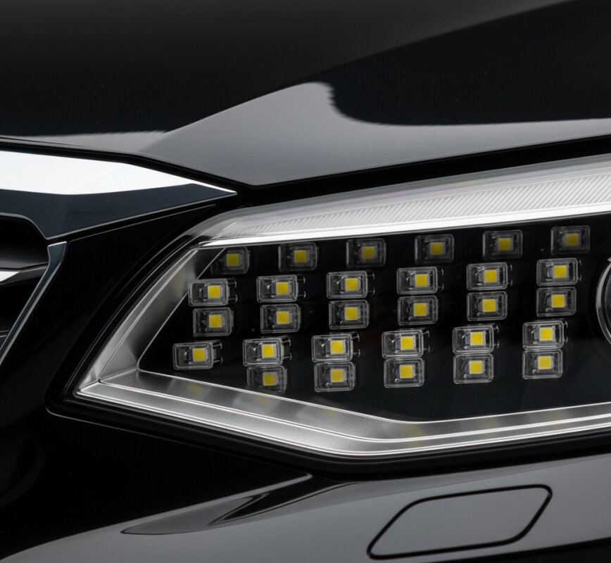 Zbliżenie na soczewki reflektora Matrix LED.