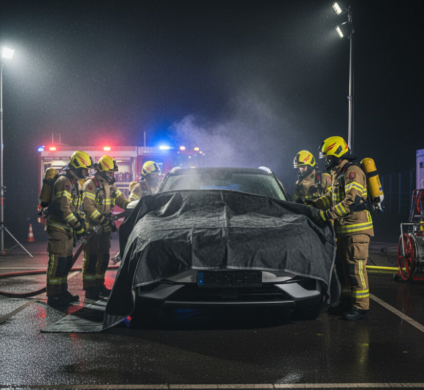 Strażacy nakładający płachtę gaśniczą na auto elektryczne.