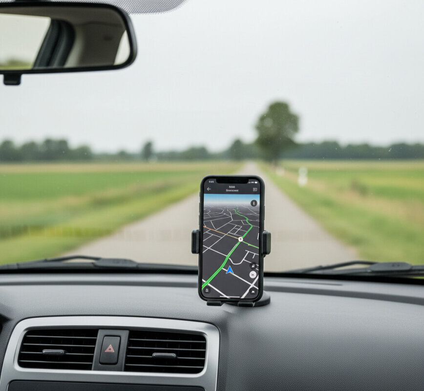 Smartfon z nawigacją GPS zamontowany w uchwycie na desce rozdzielczej auta.