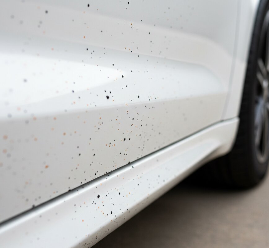 Czarne kropki smoły i osad metaliczny na białym lakierze.