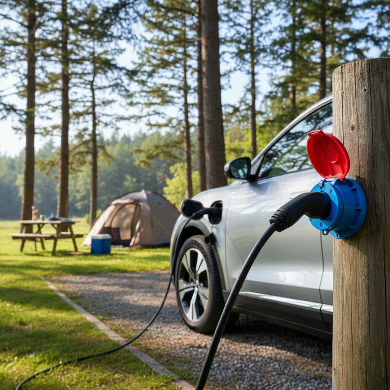 Samochód elektryczny ładowany z gniazda przemysłowego CEE na polu kempingowym.