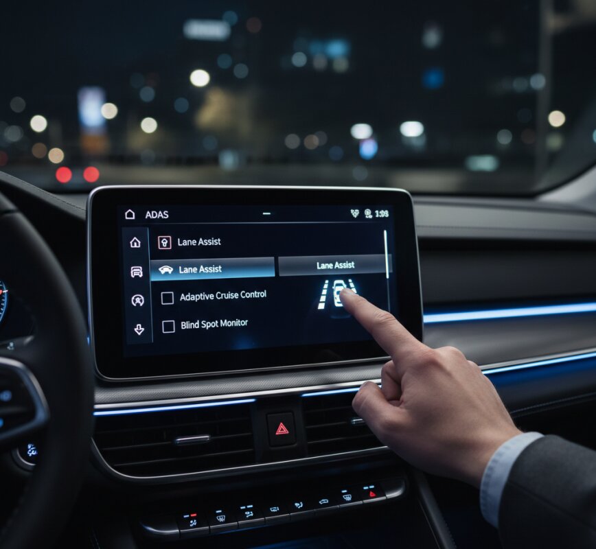 Ustawienia systemu Lane Assist na ekranie dotykowym w samochodzie.