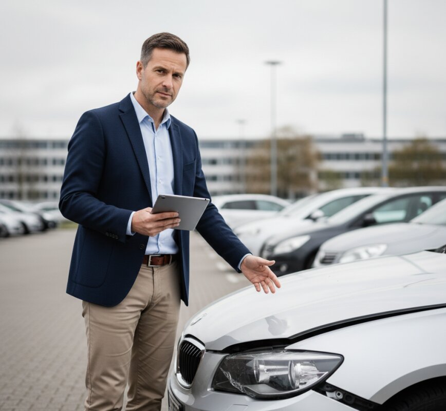 Rzeczoznawca ubezpieczeniowy oceniający szkodę całkowitą auta.