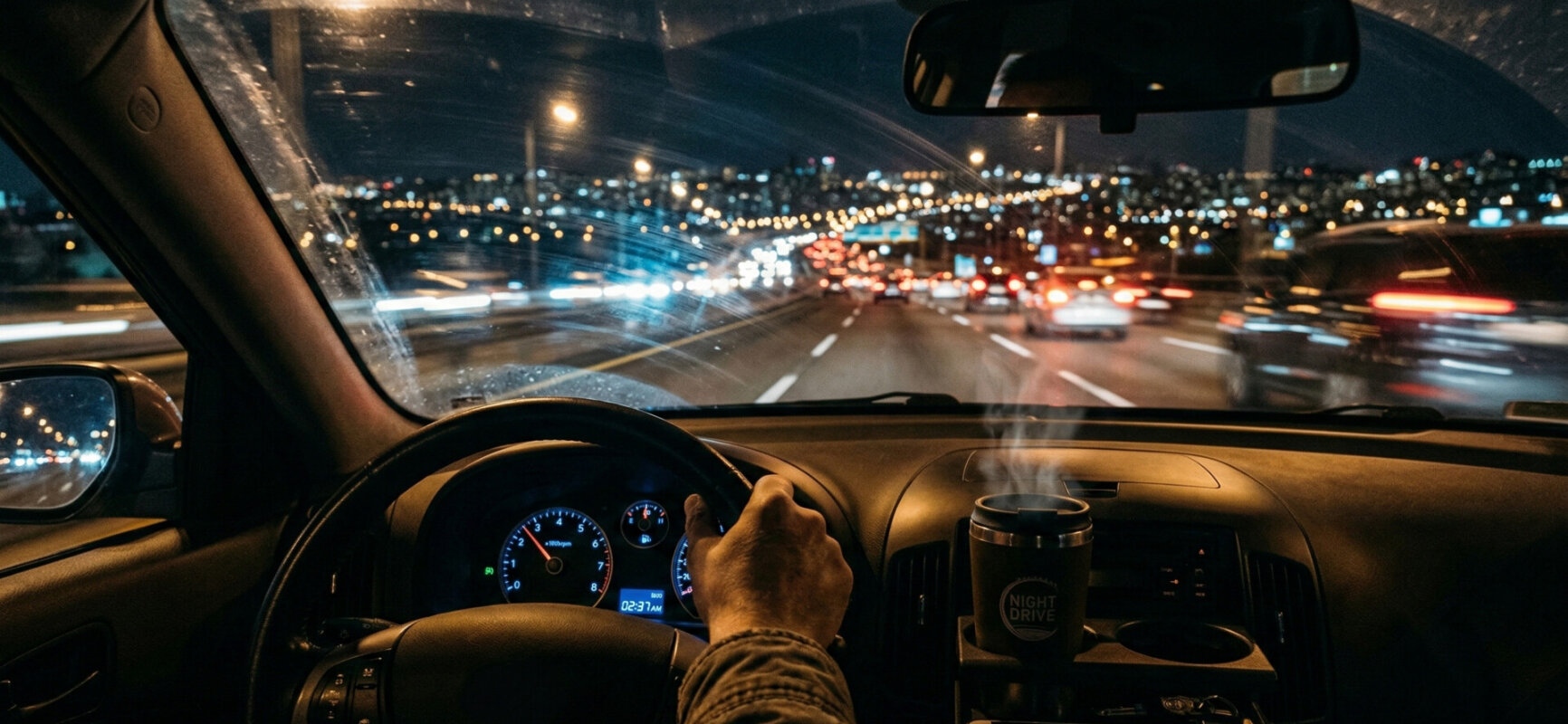 Widok z kokpitu auta podczas nocnej jazdy autostradą, zmęczenie kierowcy.