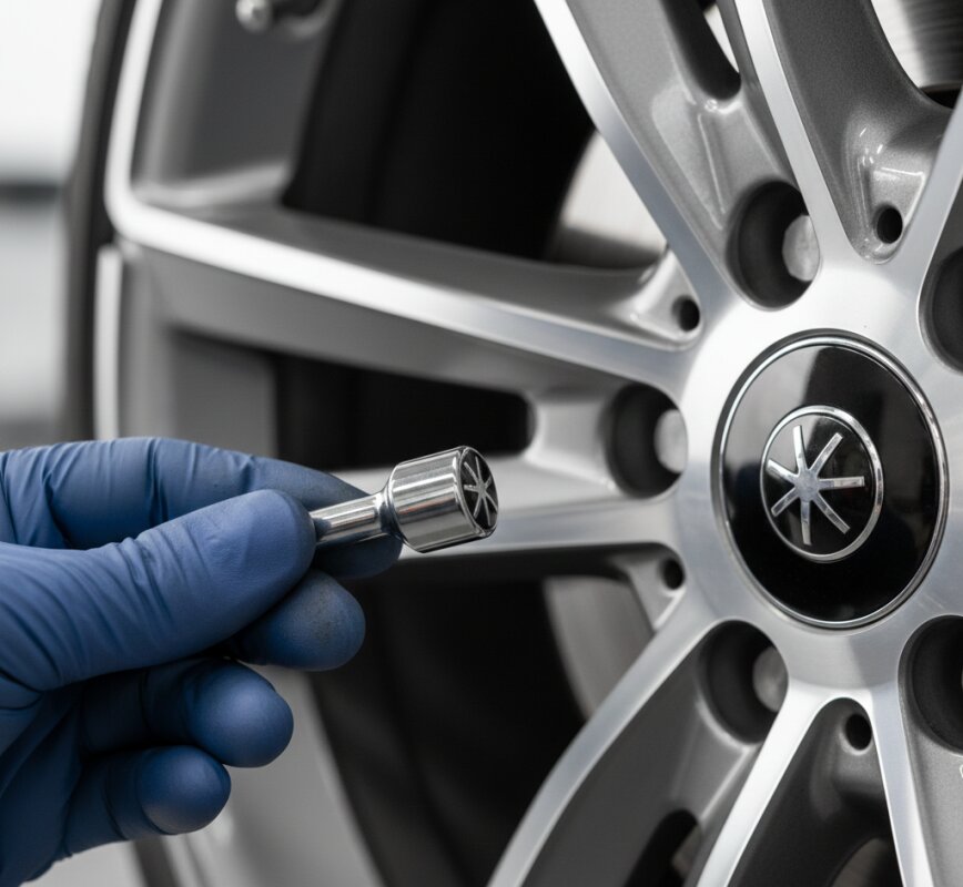 Zbliżenie na śrubę zabezpieczającą felgi aluminiowej i specjalistyczne narzędzie warsztatowe.