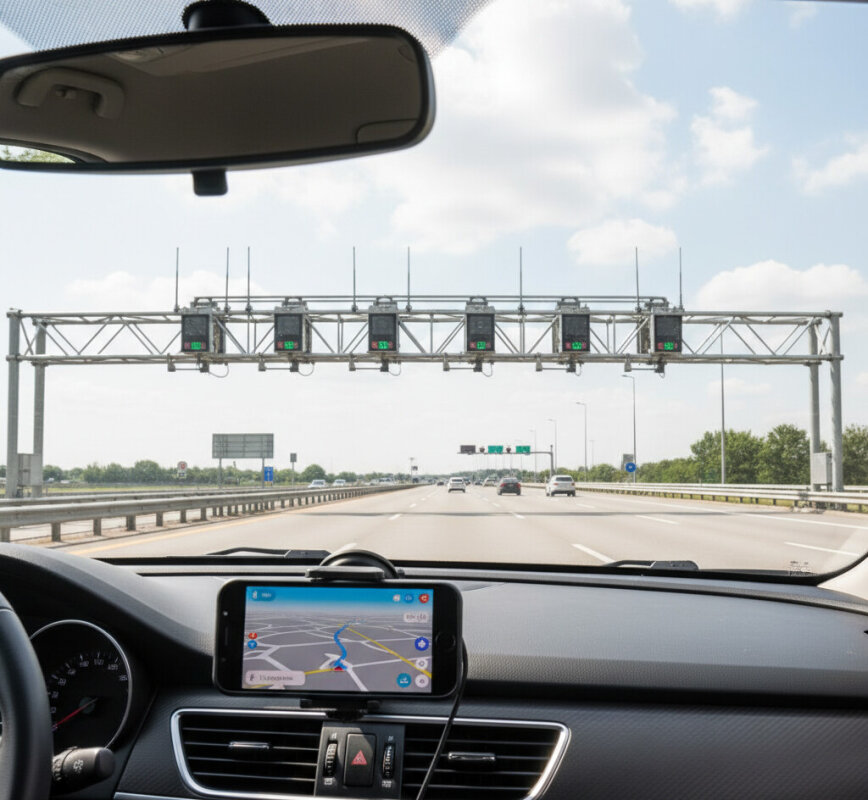 Smartfon z mapą w aucie na autostradzie.