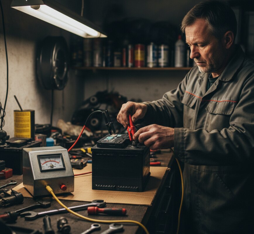 Mechanik podłącza klemy prostownika do akumulatora w warsztacie samochodowym.