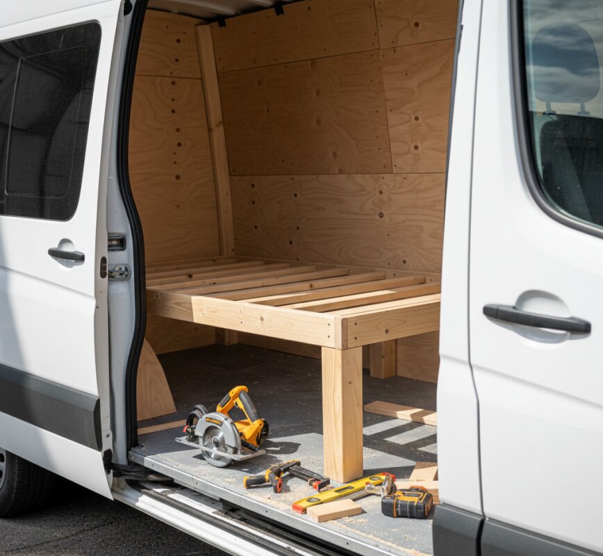 Budowa kampera wewnątrz busa z użyciem drewnianych paneli.