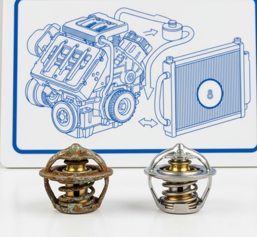 Porównanie starego, zardzewiałego termostatu z nowym podzespołem.