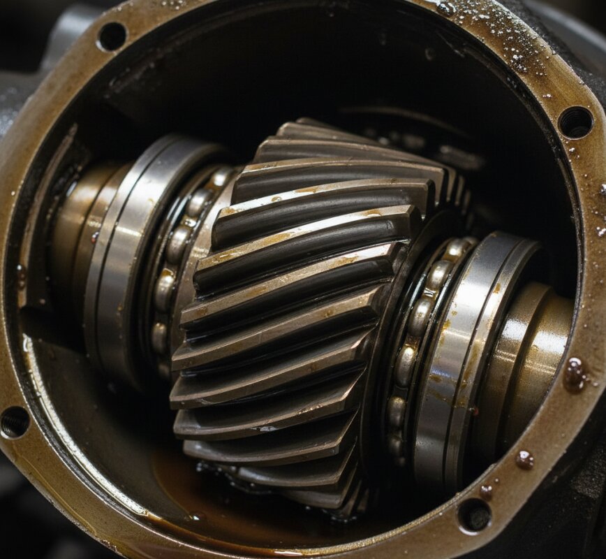 Koła zębate i łożyska wewnątrz otwartego mechanizmu różnicowego.