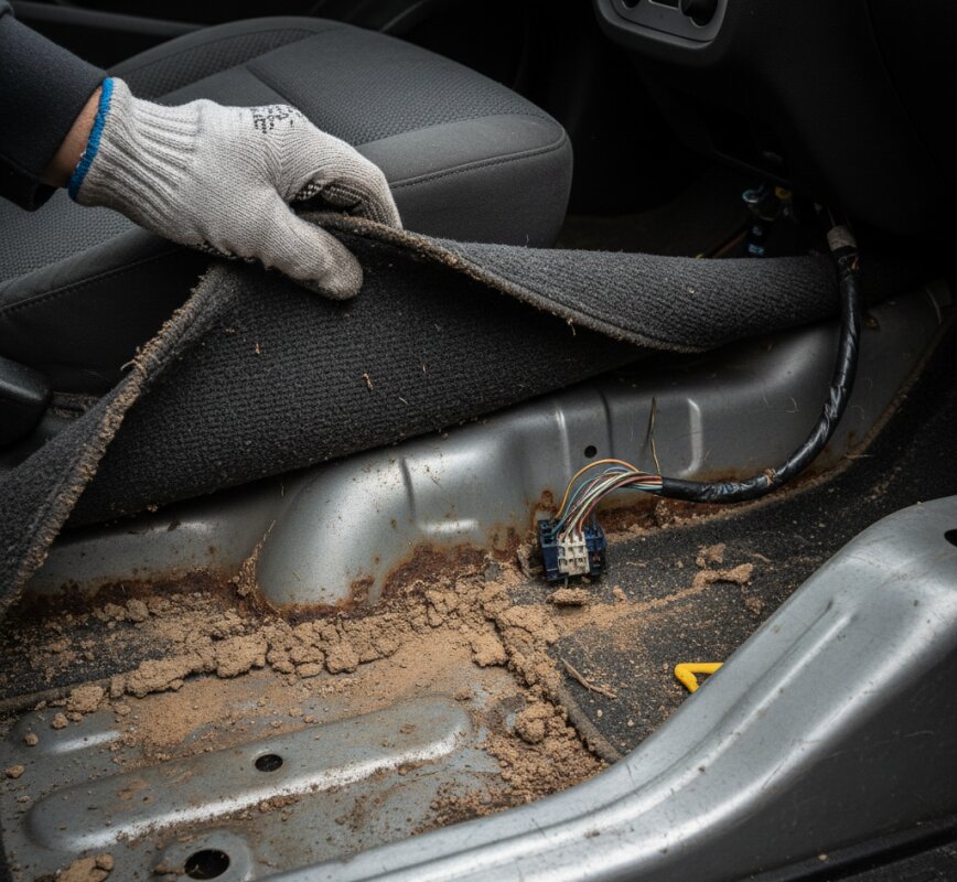 Wnętrze samochodu z widocznymi śladami zalania i korozji po powodzi.