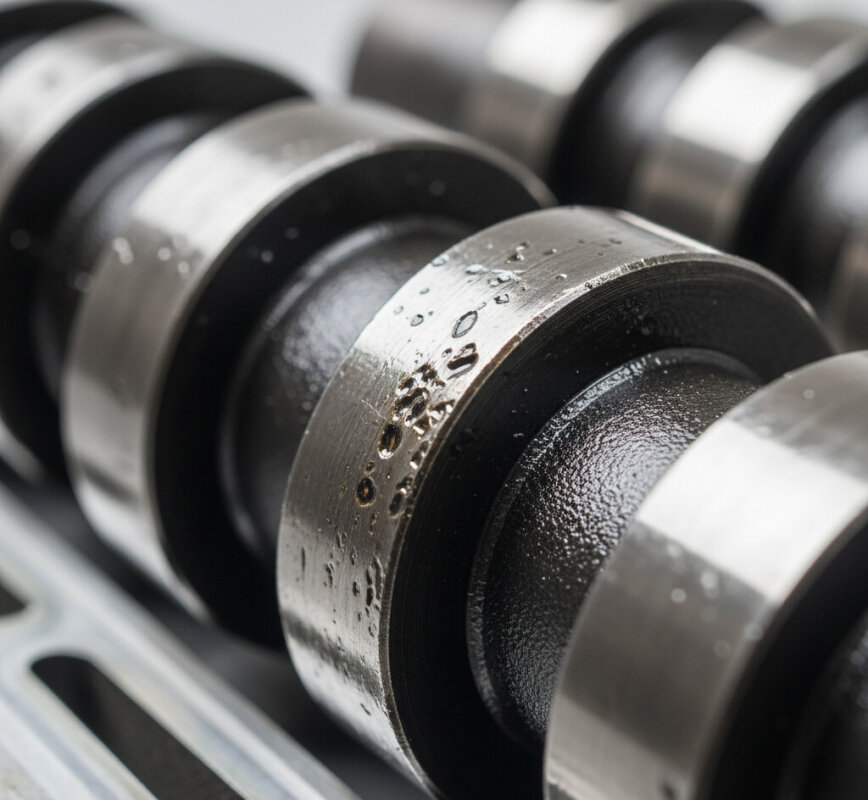 Zbliżenie na zużyte i wytarte krzywki wałka rozrządu.