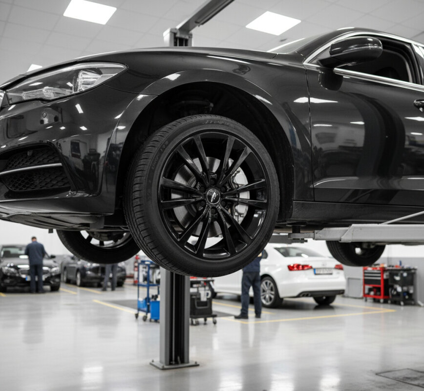 Samochód na podnośniku hydraulicznym w profesjonalnym warsztacie.