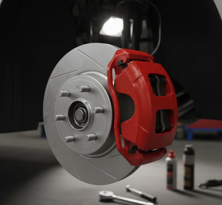 Czerwony zacisk hamulcowy na tarczy po malowaniu w warsztacie z narzędziami w tle.